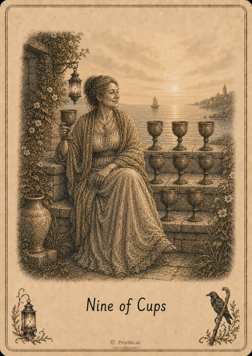 Nine of Cups tarot card illustration